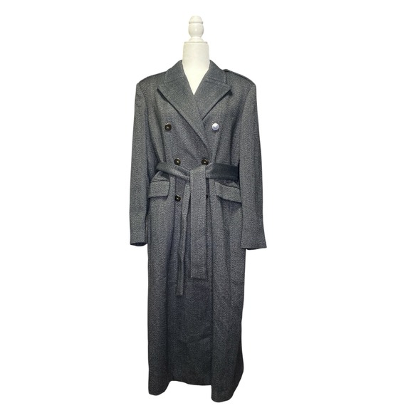 Mango Gray Herringbone Trench Coat Double Breasted Belted Longline Classic - Picture 3 of 9
